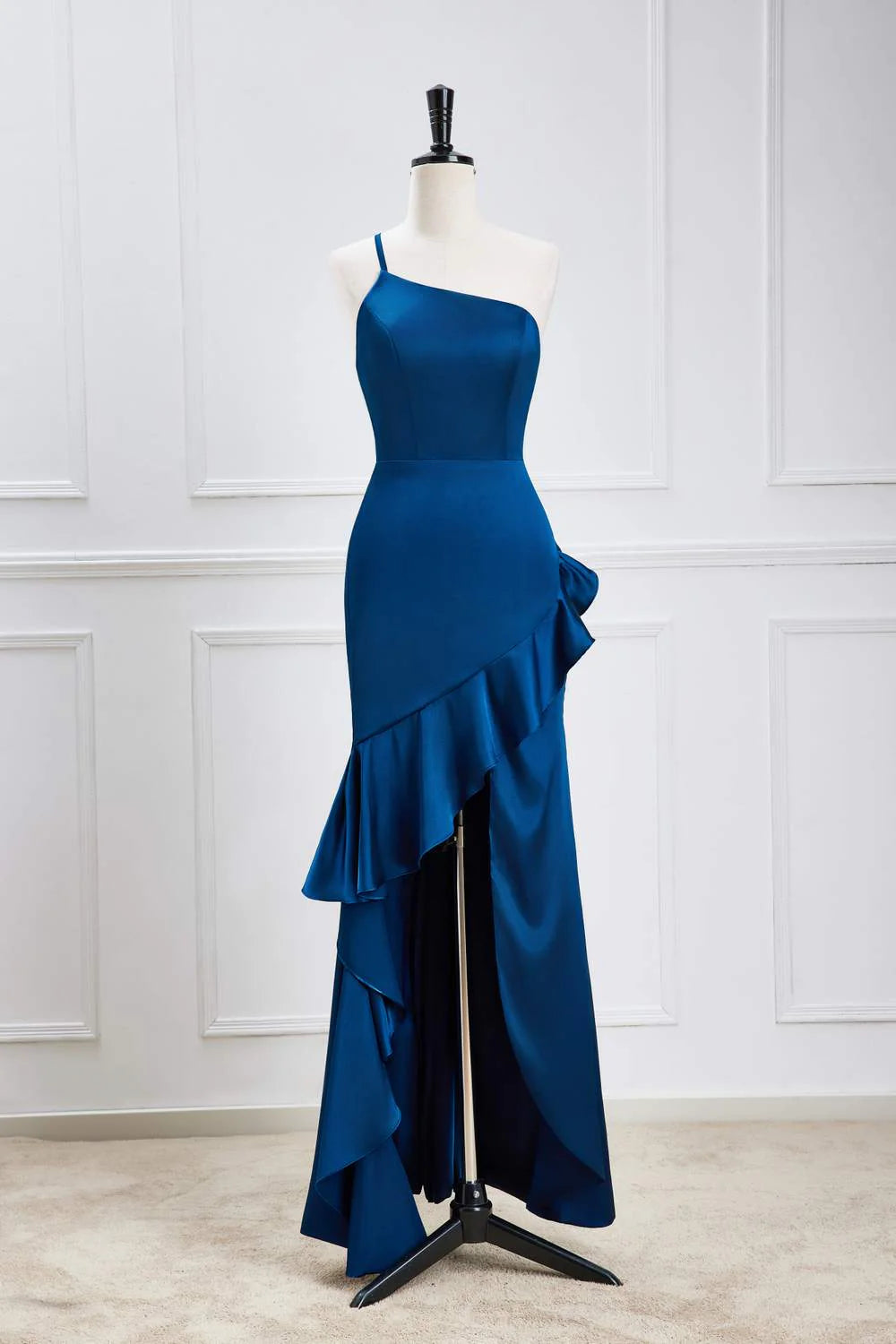 Blue One Shoulder Ruffle Satin Mermaid Maxi Dress Vintage Style Prom Dress
