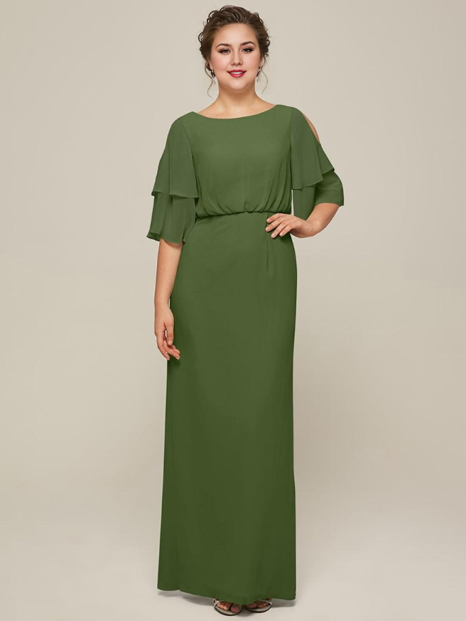 Jewel Neck Short Sleeves A-Line Split Front Wedding Guest Dresses Chiffon Mother of the Bride Dresse