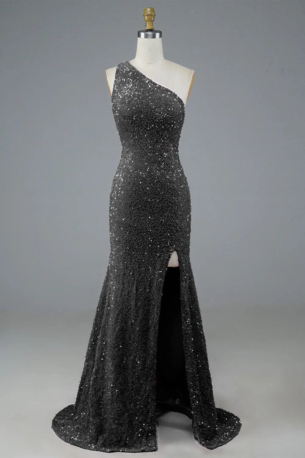 Fuchsia Sequin One-shoulder Long Prom Dress Evening Dresses with Slit