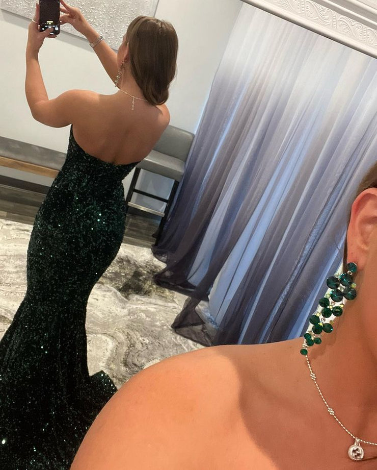 Fashion Strapless V Neck Mermaid Dark Green Sequins Long Prom Dresses