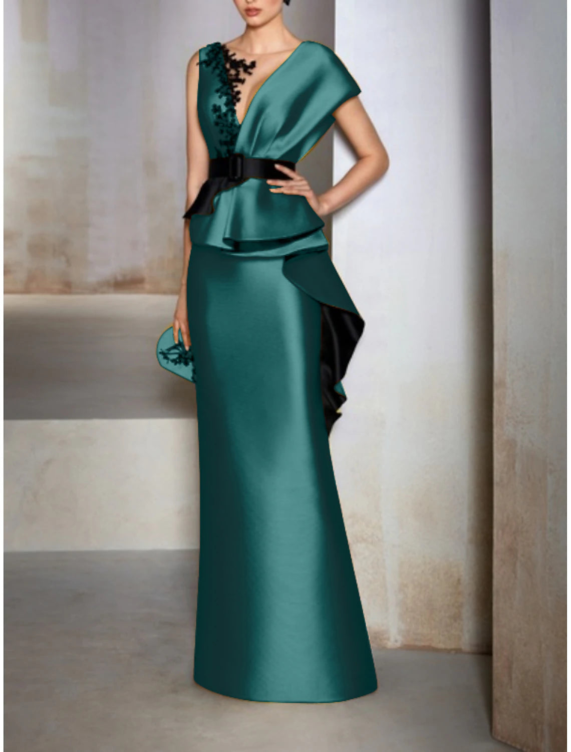 Sheath / Column Formal Wedding Guest Floor Length V Neck Satin with Ruffles Embroidery Appliques