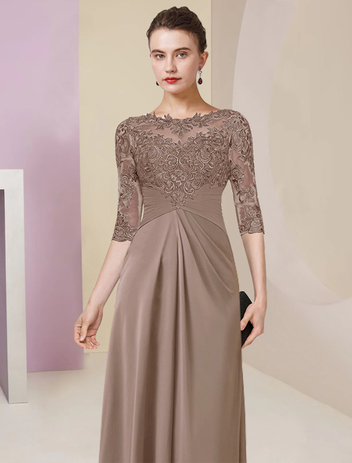 Sheath / Column Mother of the Bride Dress Elegant Simple Jewel Neck Floor Length Chiffon Lace Half Sleeve with Pleats Solid Color