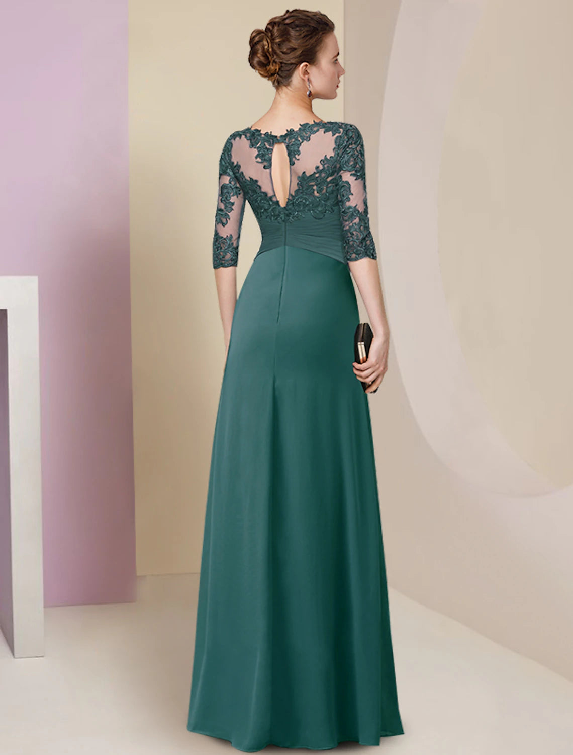 Sheath / Column Mother of the Bride Dress Elegant Simple Jewel Neck Floor Length Chiffon Lace Half Sleeve with Pleats Solid Color