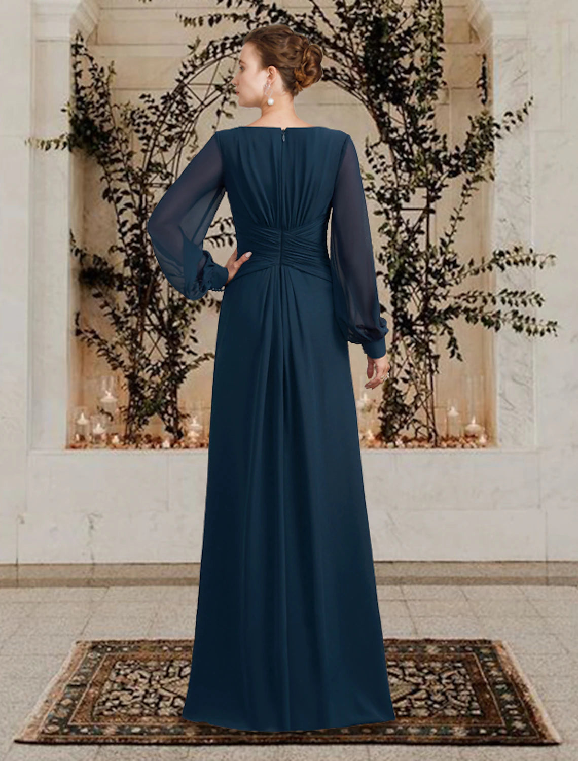 A-Line Mother of the Bride Dress Wedding Guest Elegant V Neck Floor Length Chiffon Long Sleeve with Ruched Ruffles