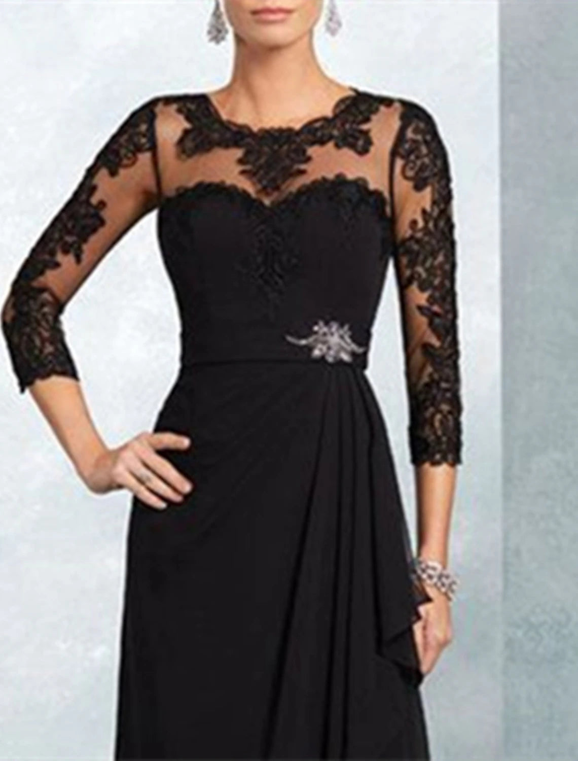 A-Line Mother of the Bride Dress Wedding Guest Elegant Party Jewel Neck Floor Length Chiffon Lace 3/4 Length Sleeve with Sash / Ribbon Appliques