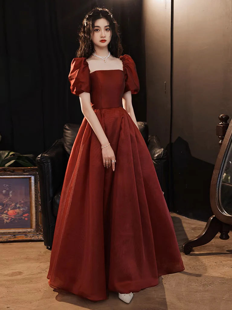 A-Line Puff Sleeves Organza Burgundy Long Prom Dress Evening Dress
