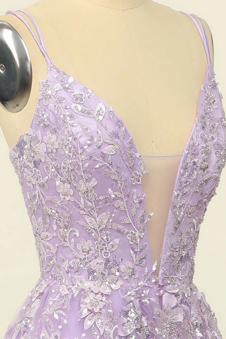A-Line Princess Deep V-Neck Lilac Princess Long Prom Dress with Appliques