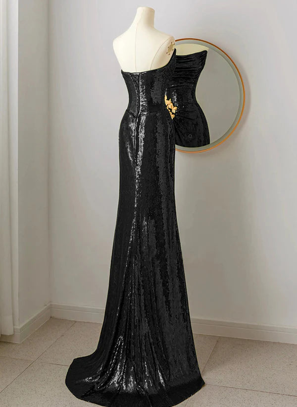 Black Scoop Sequins Floor Length Strapless Prom Dress Sequins Evening Dress