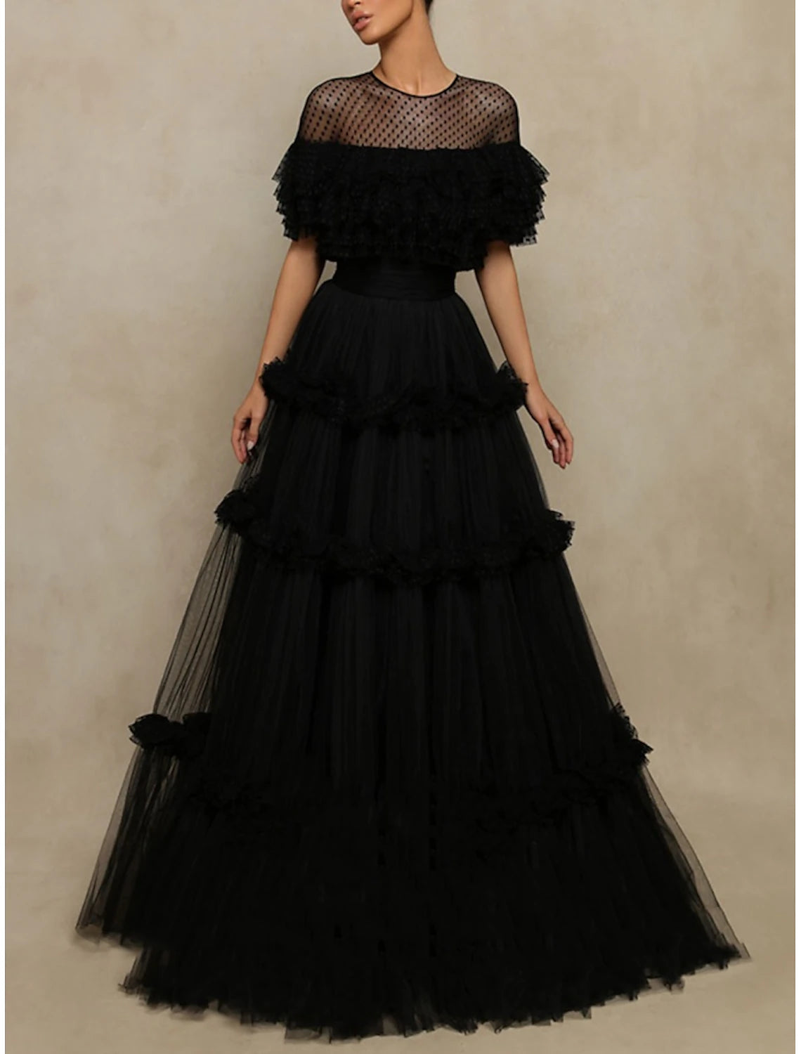 A-Line Prom Dresses Jewel Neck Tulle with Pleats Ruffles