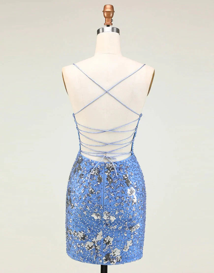 Sparkly Blue Spaghetti Straps Sequin Backless Tight Homecoming Dress