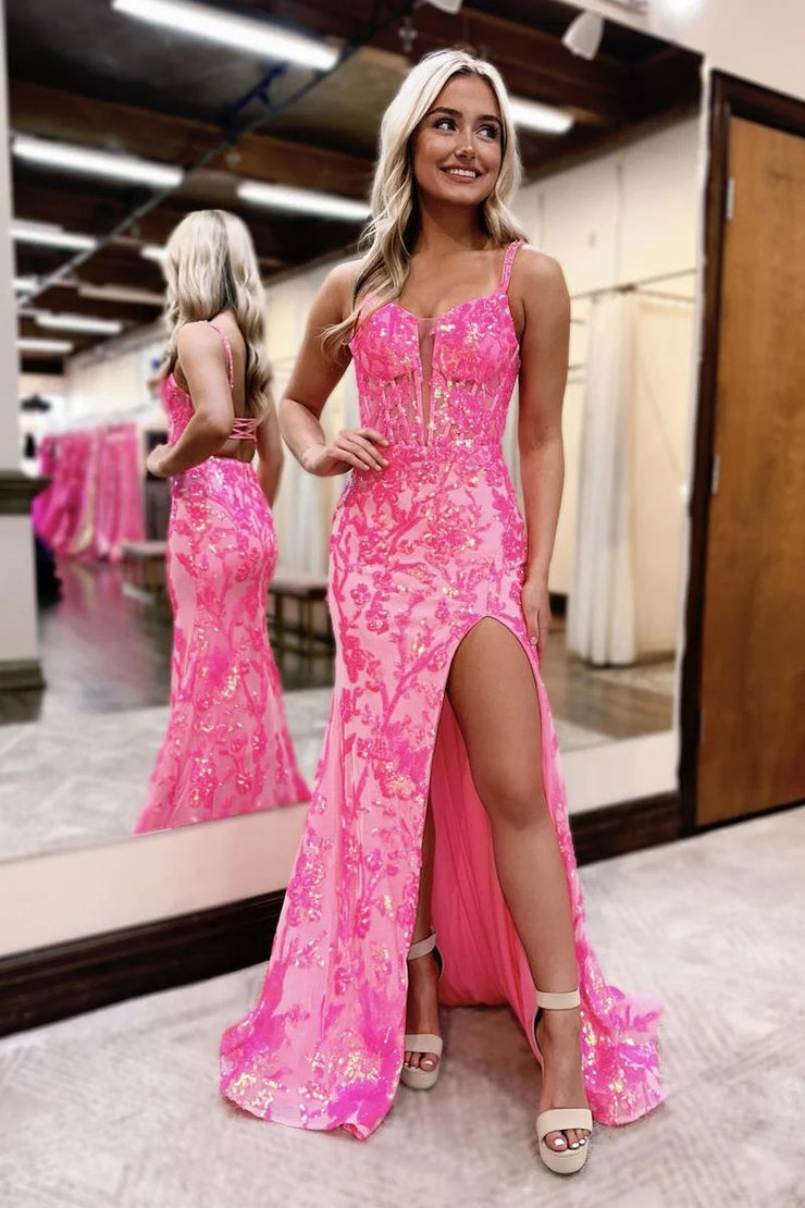 Cute Mermaid V Neck Pink Sequins Long Prom Dress with Slit
