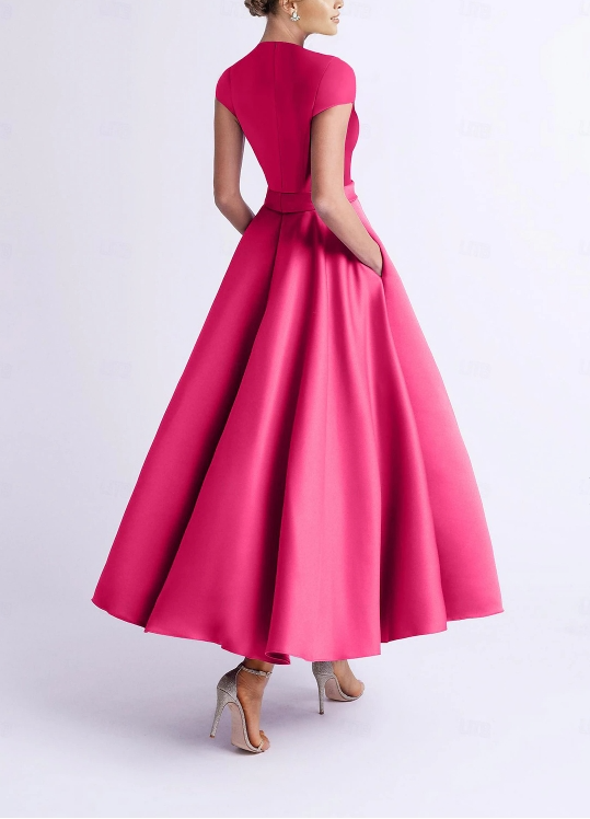 A-Line Wedding Guest Dresses Cocktail Party Tea Length Sleeveless V Neck Pocket Satin with Bow(s