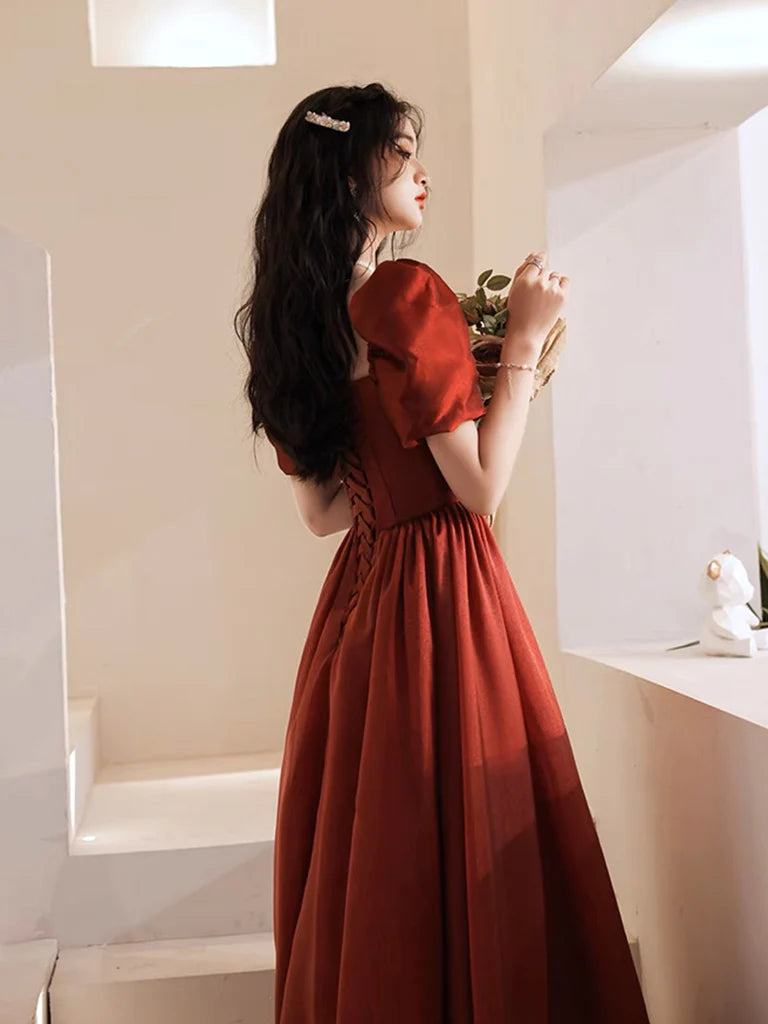 A-Line Puff Sleeves Organza Burgundy Long Prom Dress Evening Dress