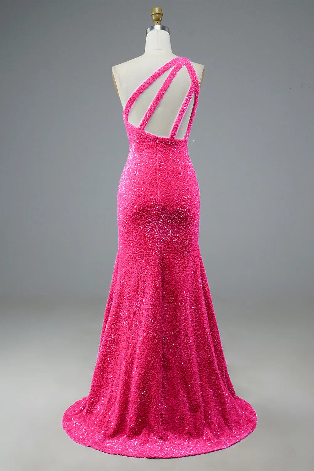 Fuchsia Sequin One-shoulder Long Prom Dress Evening Dresses with Slit