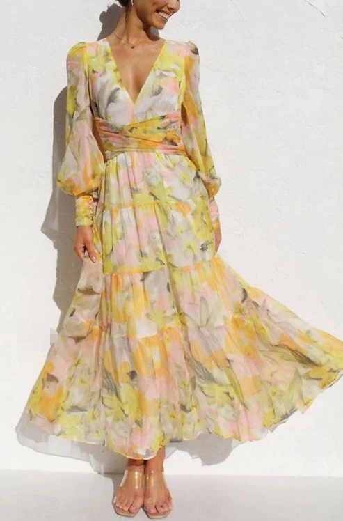 A-Line Wedding Guest Dresses Floral Dress Long Sleeve V Neck Polyester with Floral Print