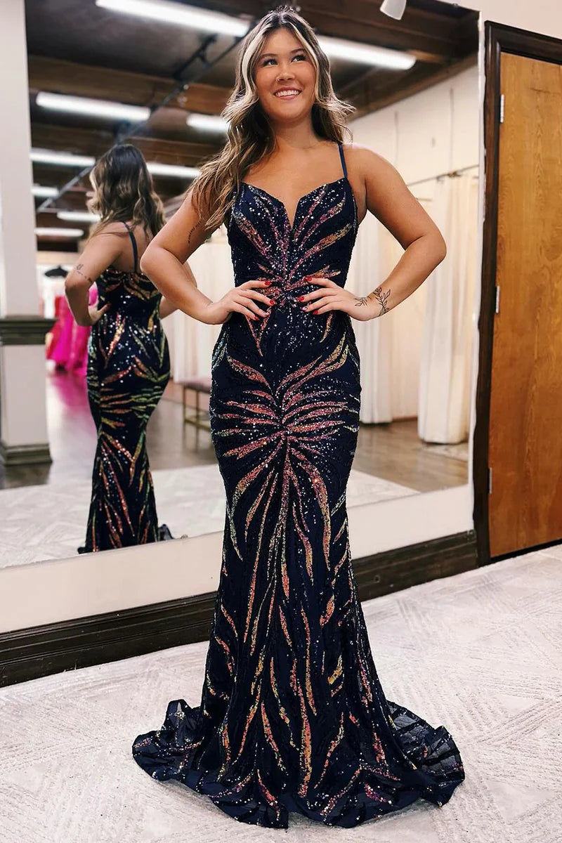 Spaghetti Straps Sequins Lace Mermaid Long Prom Dresses