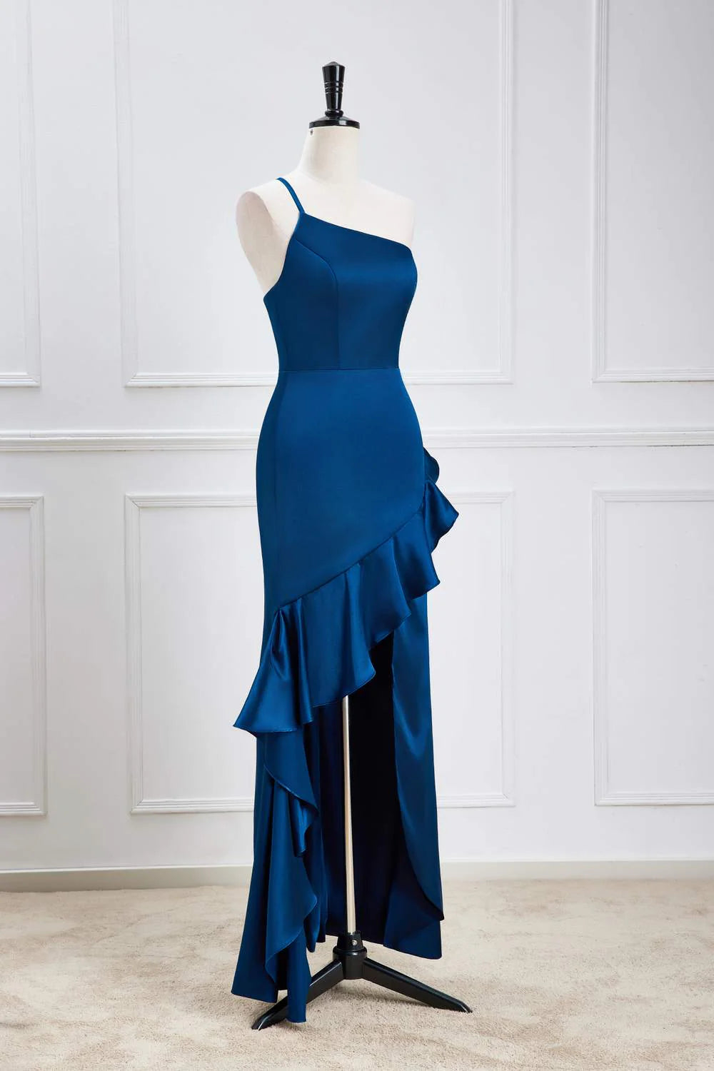 Blue One Shoulder Ruffle Satin Mermaid Maxi Dress Vintage Style Prom Dress