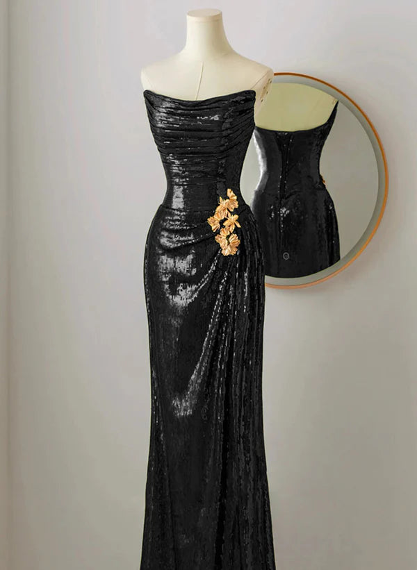 Black Scoop Sequins Floor Length Strapless Prom Dress Sequins Evening Dress