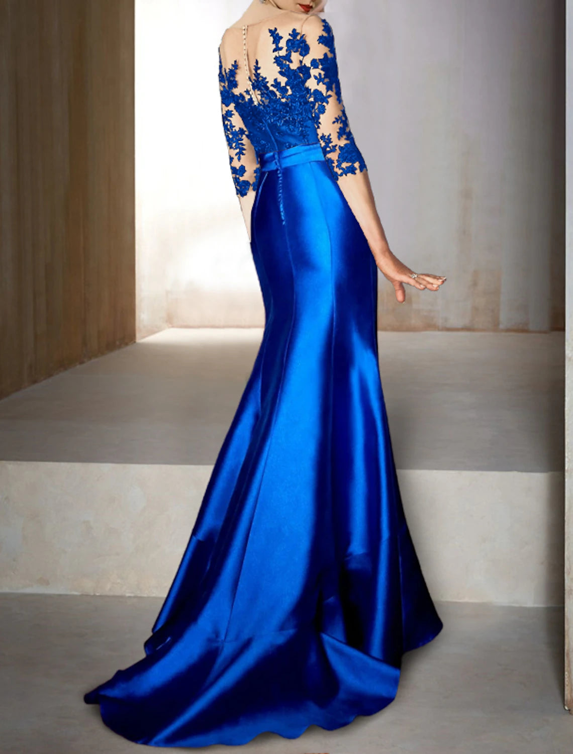 Mermaid / Trumpet Evening Gown Wedding Guest Asymmetrical Half Sleeve Satin With Bow(s) Appliques