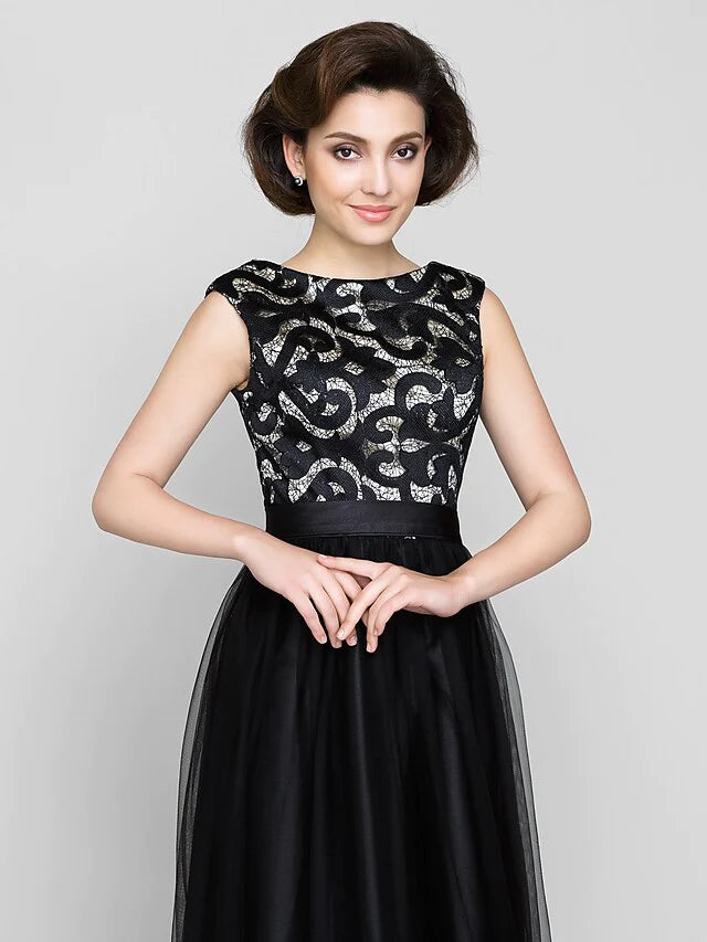 A-Line Mother of the Bride Dress Vintage Inspired Scoop Neck Floor Length Tulle Sleeveless with Pattern Print