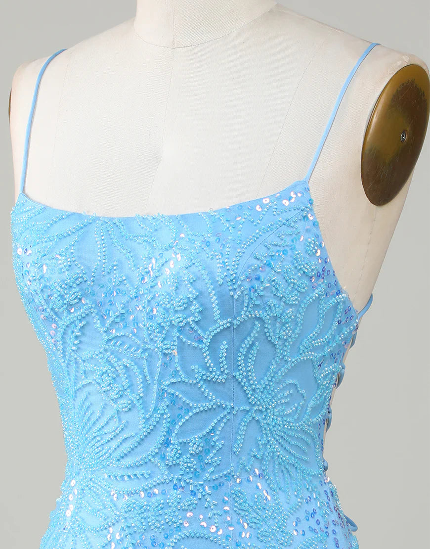 Spaghetti Strap Blue Beaded Lace Up Tight Backless Short Homecoming Dress