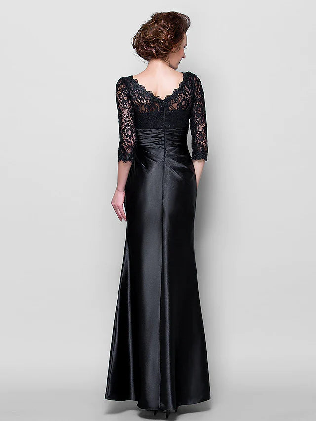 Mother of the Bride Dress See Through Jewel Neck Floor Length Stretch Satin Lace Over Satin Length Sleeve with Lace Ruched Side Draping
