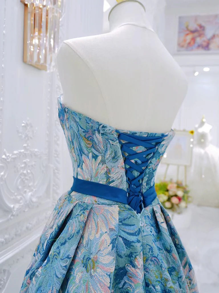 A-Line Flower Satin Blue Long Prom Dress Formal Dress