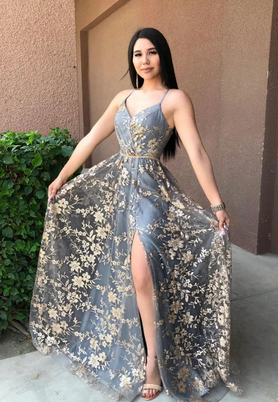 A-Line Backless Long Prom Dresses Grey V-Neck Evening Dresses