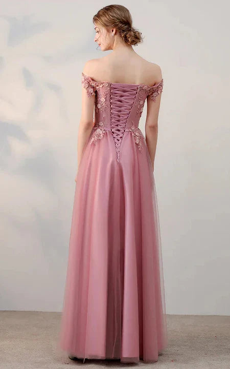 A-Line Blush Off-the-shoulder Empire Tulle Lace Applique Pleated Floor-length Sleeveless Prom Dress