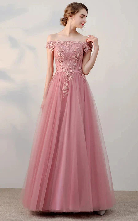 A-Line Blush Off-the-shoulder Empire Tulle Lace Applique Pleated Floor-length Sleeveless Prom Dress