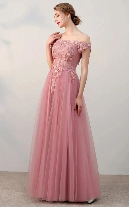 A-Line Blush Off-the-shoulder Empire Tulle Lace Applique Pleated Floor-length Sleeveless Prom Dress