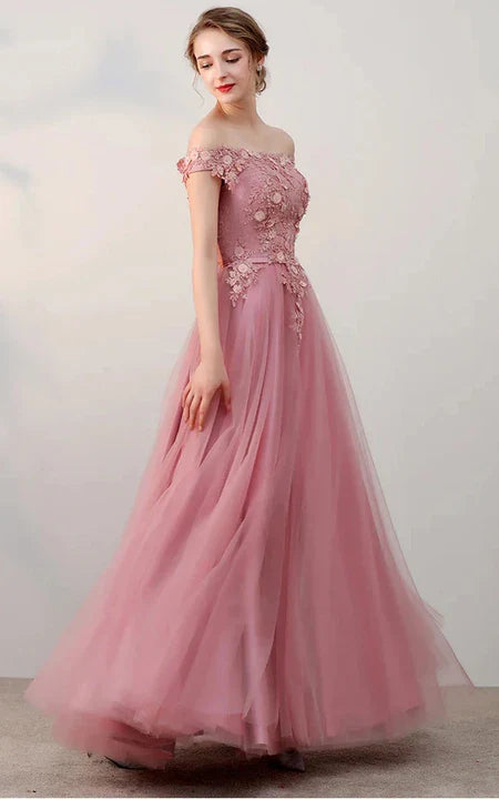A-Line Blush Off-the-shoulder Empire Tulle Lace Applique Pleated Floor-length Sleeveless Prom Dress