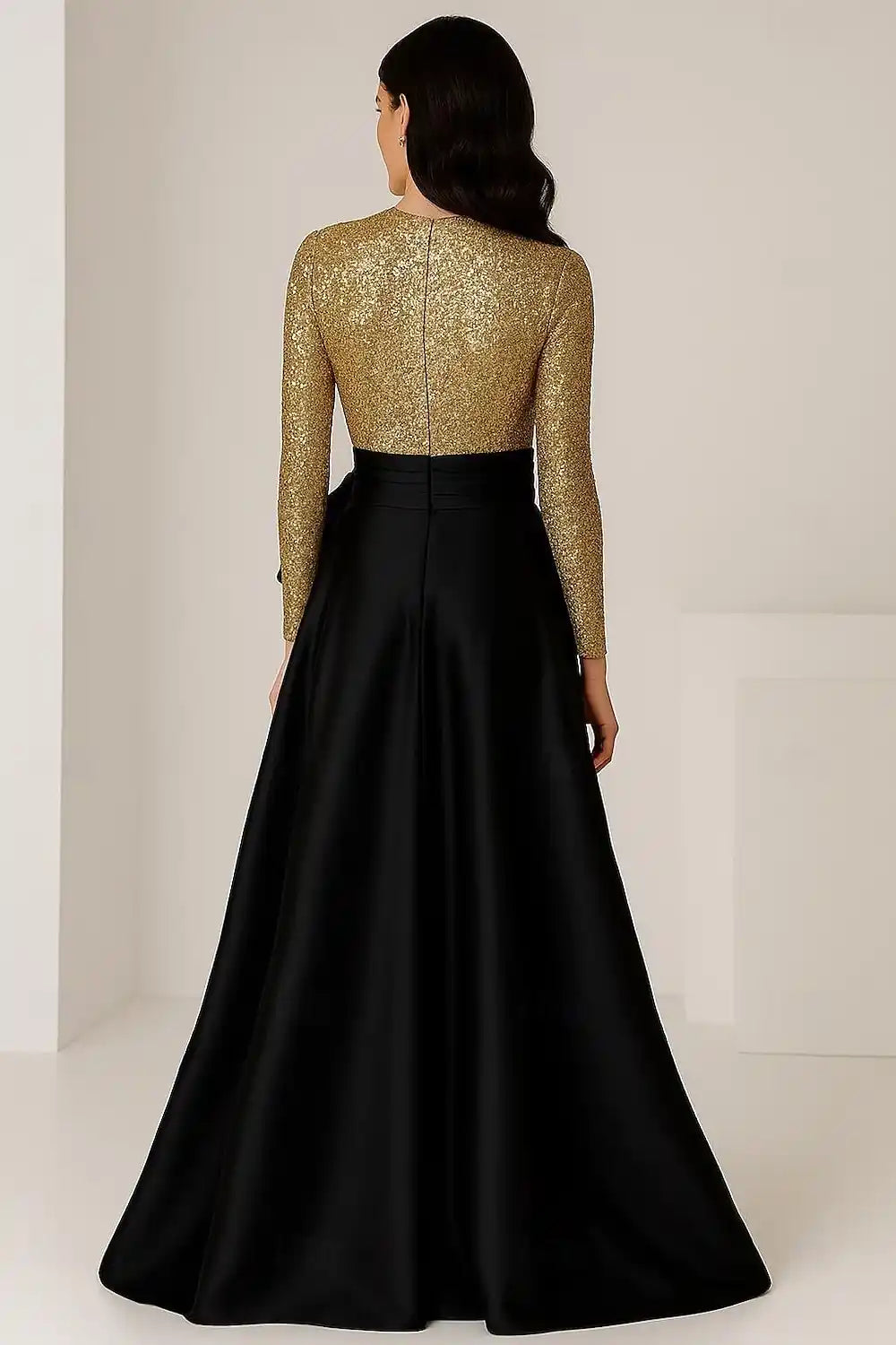 A-Line Evening Gown Elegant Dress Formal Wedding Floor Length Long Sleeve Crew Neck Champagne Mother Of the Bride Dress Satin with Bow(s) Slit