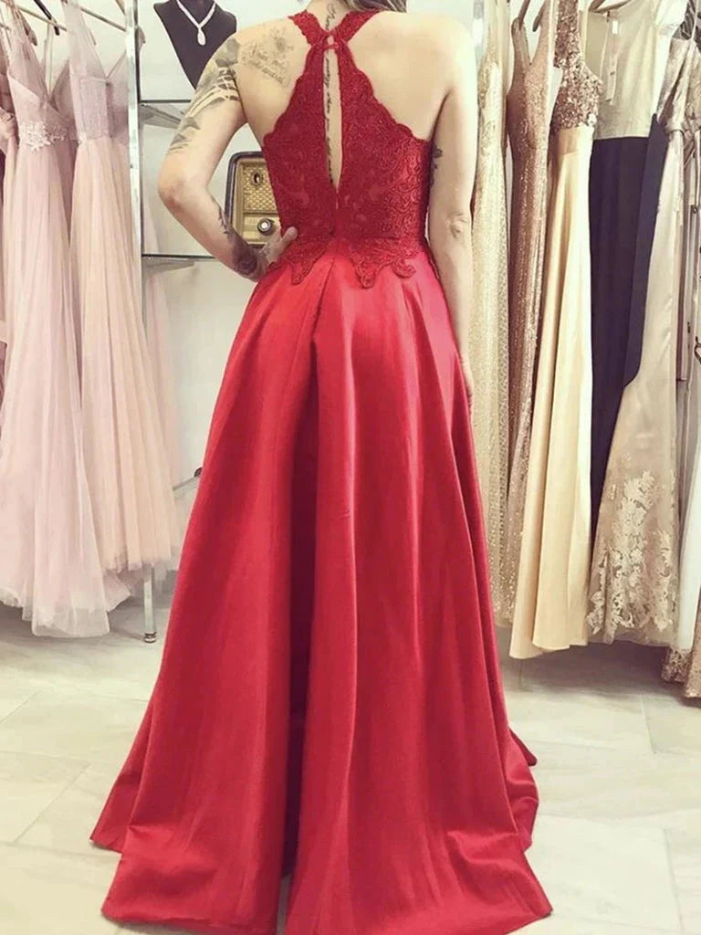 A-Line Lace Long Red Prom Dresses Sheath Halter Formal Graduation Dresses