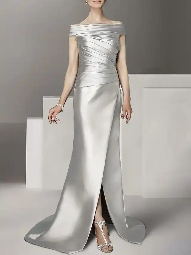 A-Line Mother of the Bride Dress Formal Wedding Guest Elegant Scoop Neck Off Shoulder Floor Length Ankle Length Italy Satin Cap Sleeve with Ruching
