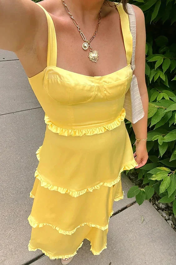A-Line Orange Prom Dress Tiered Ruffles Straps Satin Sleeveless