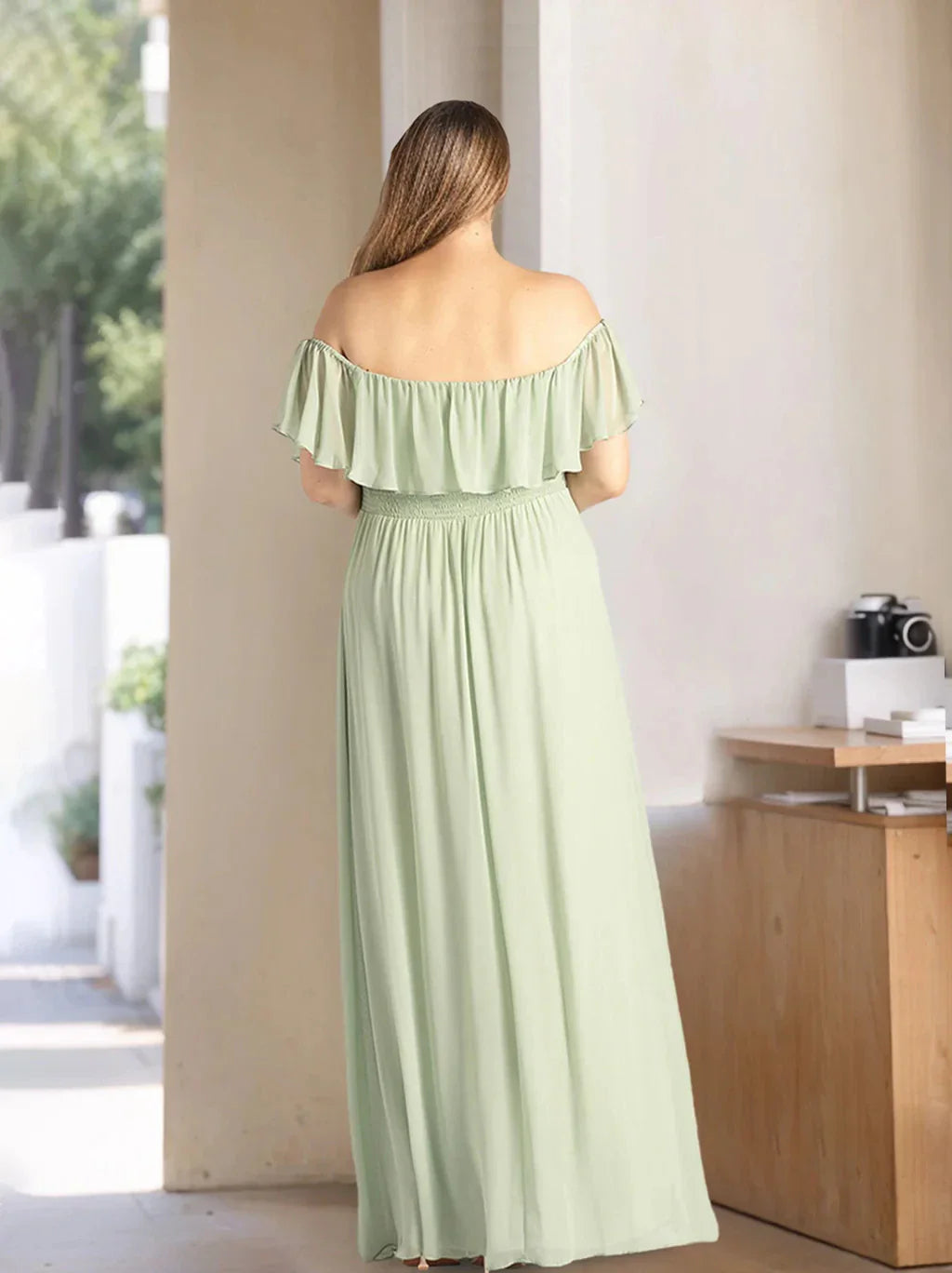 A-Line Princess Off-the-Shoulder Floor-Length Plus Size Chiffon Bridesmaid Dresses with Ruffles