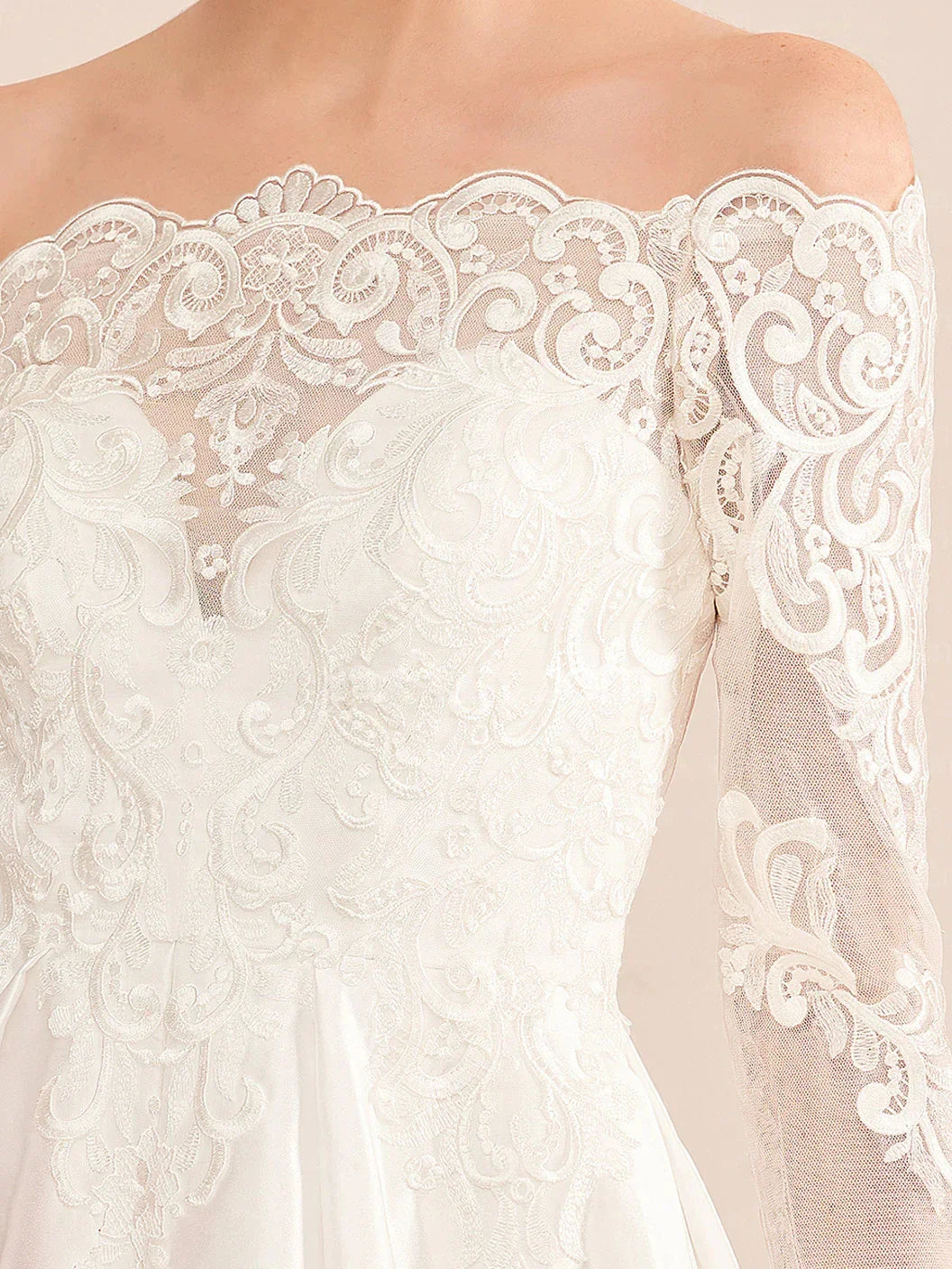 A-Line Princess Off-the-Shoulder Long-Length Floor-Length Lace Wedding Dress with Appliques