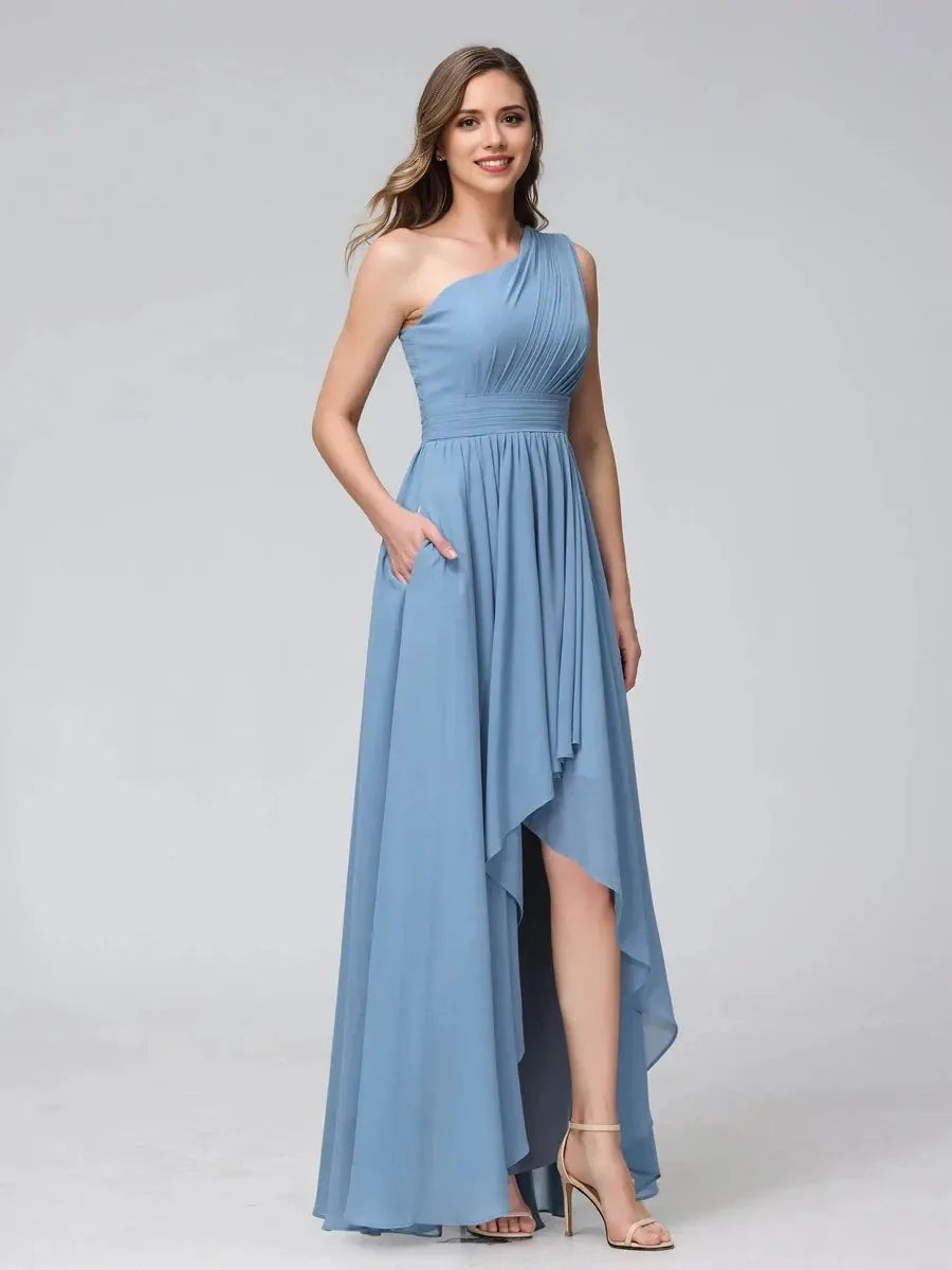 A-Line Princess One-Shoulder Sleeveless Asymmetrical Bridemaid Dresses with Pockets