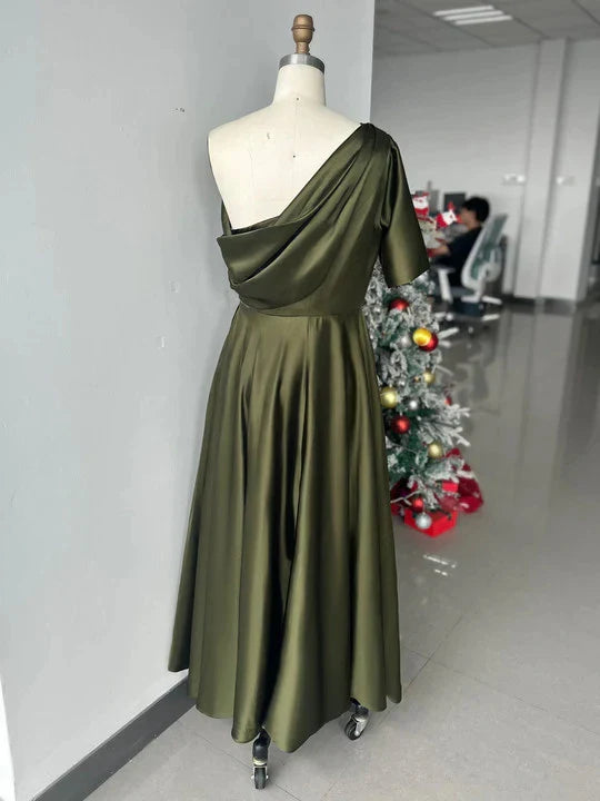 A-Line Princess One-shoulder Half Sleeve Ankle-Length Mother of the Bride Dresses with Ruffles