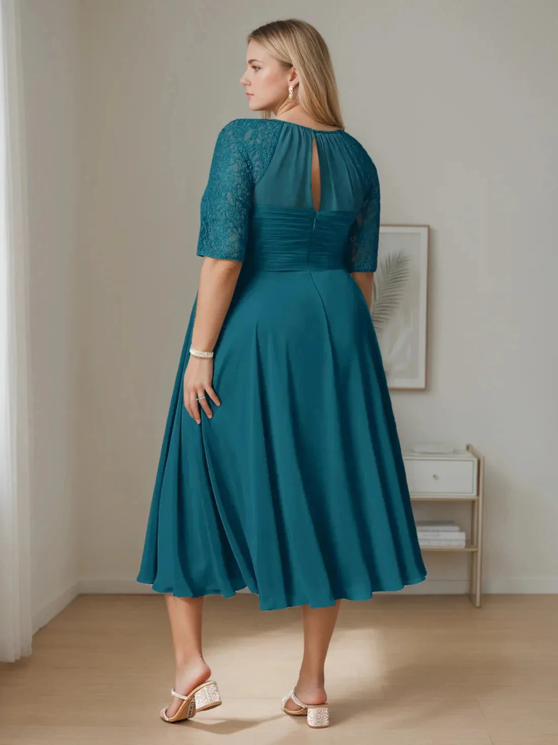 A-Line Princess Round Neck Half Sleeves Tea-Length Plus Size Mother of the Bride Dresses with Ruffles