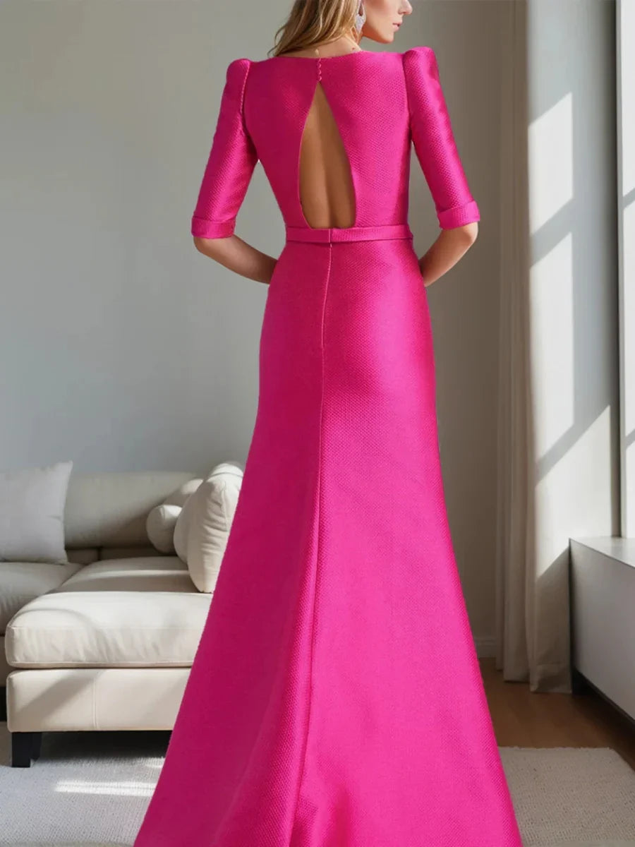 A-Line Princess Scoop Neck Half Sleeves Mother of the Bride Dresses with Bow Belt