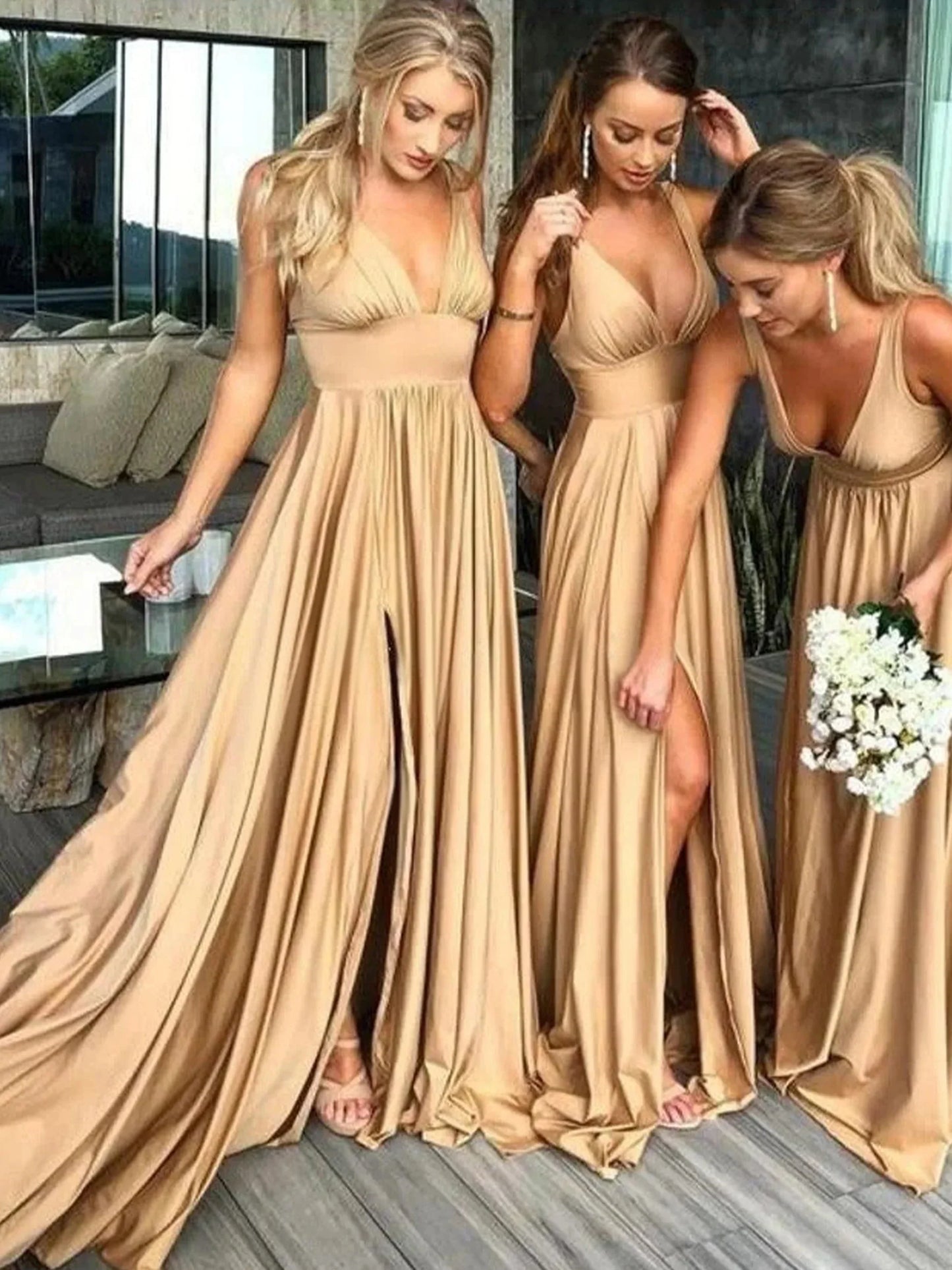 A-Line Princess Sexy Plunge V-Neck Sleeveless Floor-Length Pleated Bridesmaid Dresses with Slit