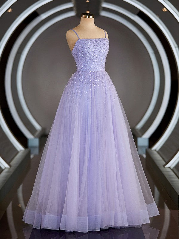A-Line/Princess Sleeveless Spaghetti Straps Floor-Length Tulle Prom Dresses With Beading