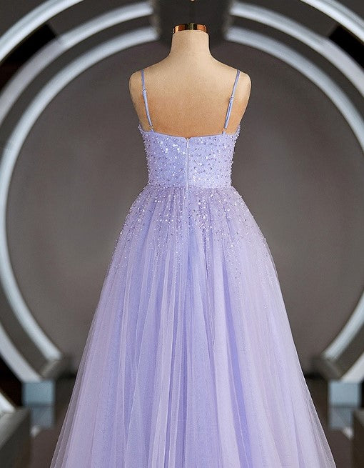 A-Line/Princess Sleeveless Spaghetti Straps Floor-Length Tulle Prom Dresses With Beading