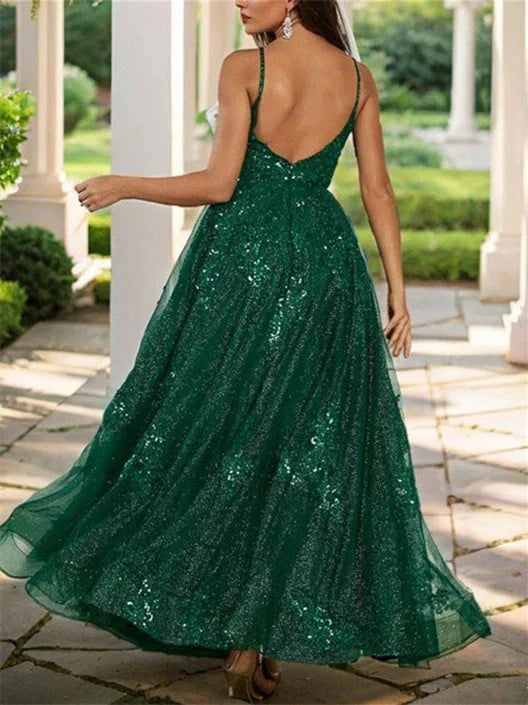 A-Line Princess Spaghetti Straps Floor-length Long Prom Dresses