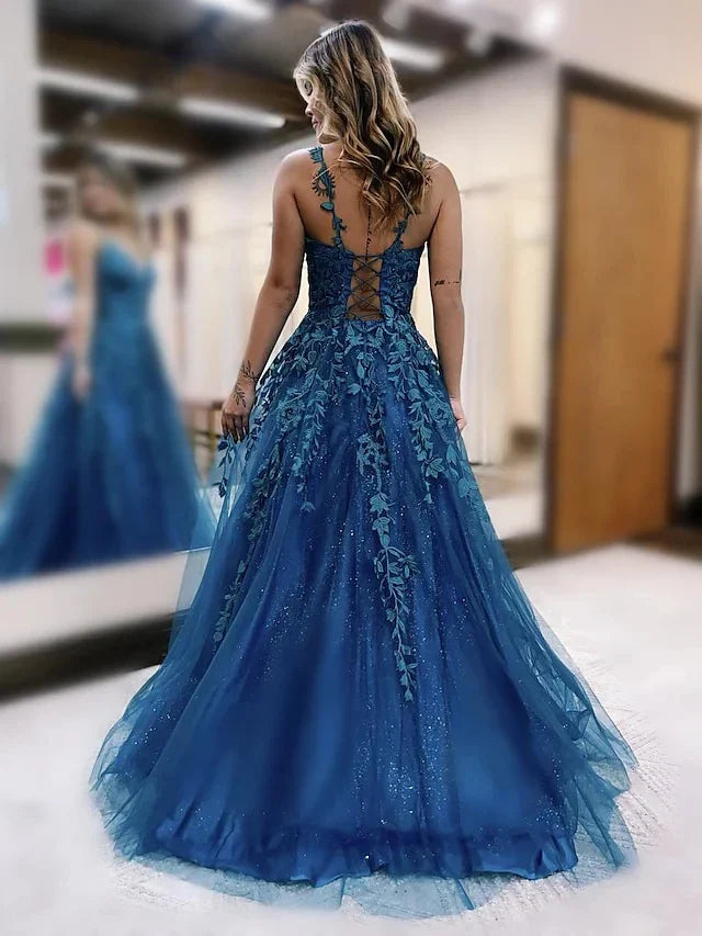 A-Line Princess Spaghetti Straps Floor-length Long Prom Dresses
