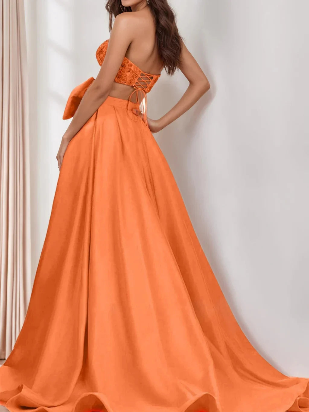 A-Line Princess Strapless Sleeveless Sweep Train Evening Dress with Bow(s)
