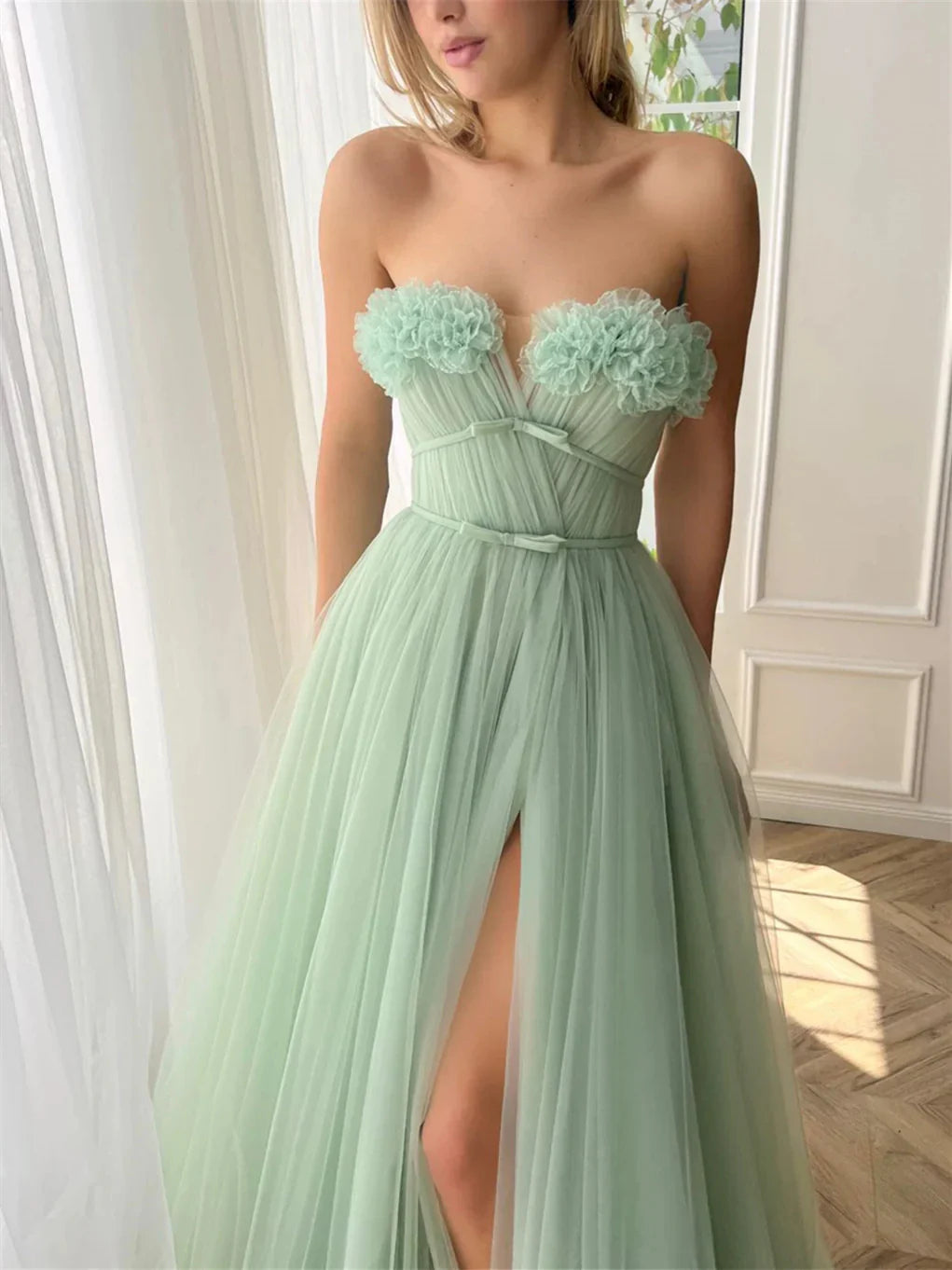 A-Line Princess Sweetheart Strapless Floor-Length Prom Dress with Slit