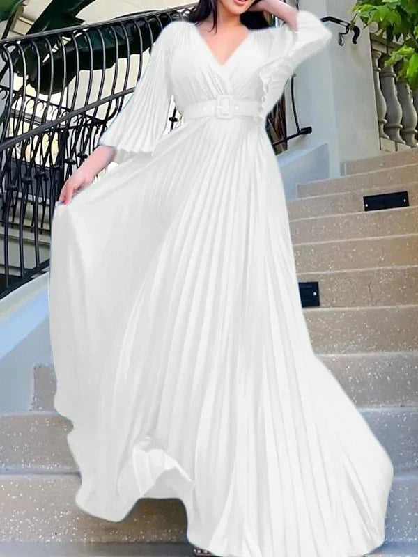 A-Line Princess V-Neck 34 Length Sleeves Floor-Length Party Cocktail Dress with Pleats